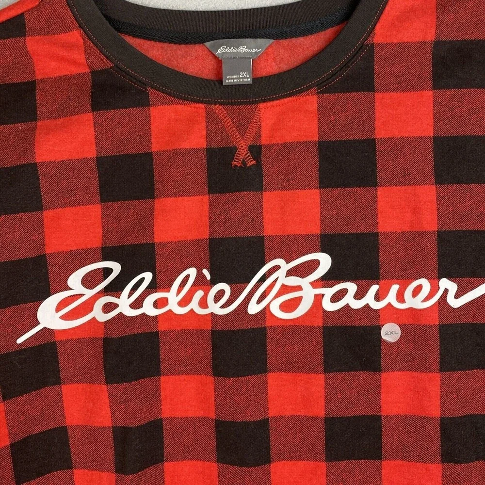 Eddie Bauer Womens 2XL Red Black Buffalo Plaid Camp‎ Fleece Sweatshirt Christmas